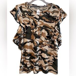 Flutter Sleeve Camo Blouse Tee with Ruffle Pocket‎ Tan Green Size Medium